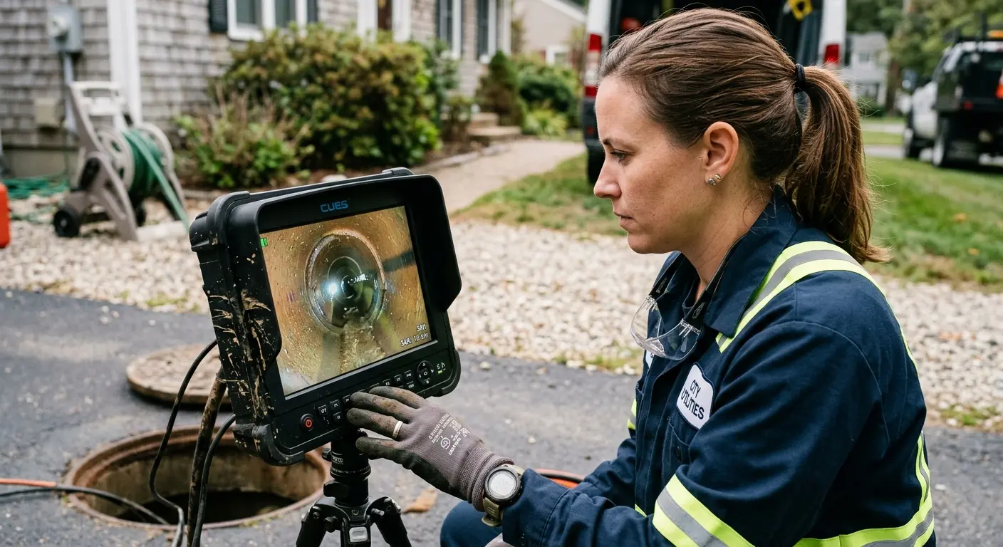 Technician reviewing sewer camera inspection footage in Pico Rivera