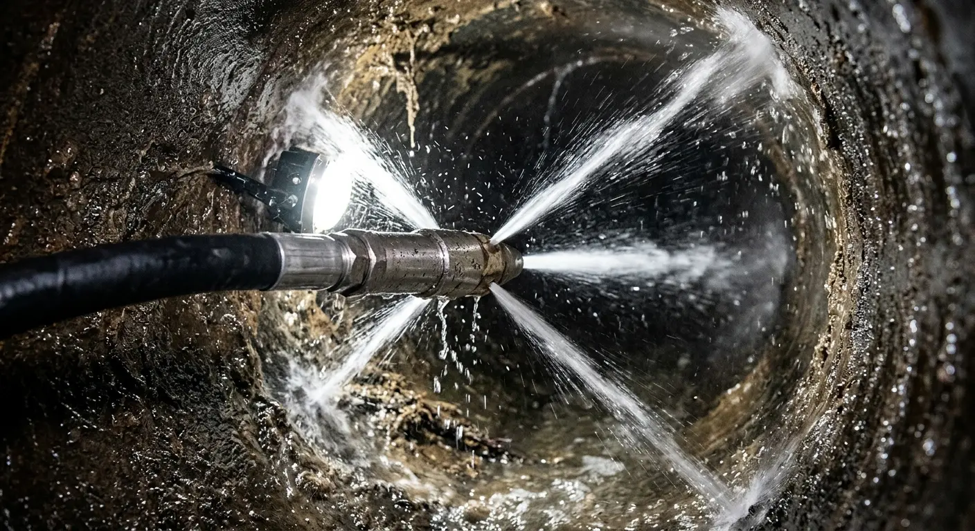 High-pressure hydro jetting nozzle cleaning sewer pipe for Trenchless Sewer Repair in Pico Rivera