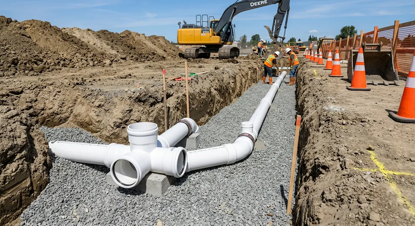 New PVC sewer pipe installation in open trench for Sewer Backup in Pico Rivera
