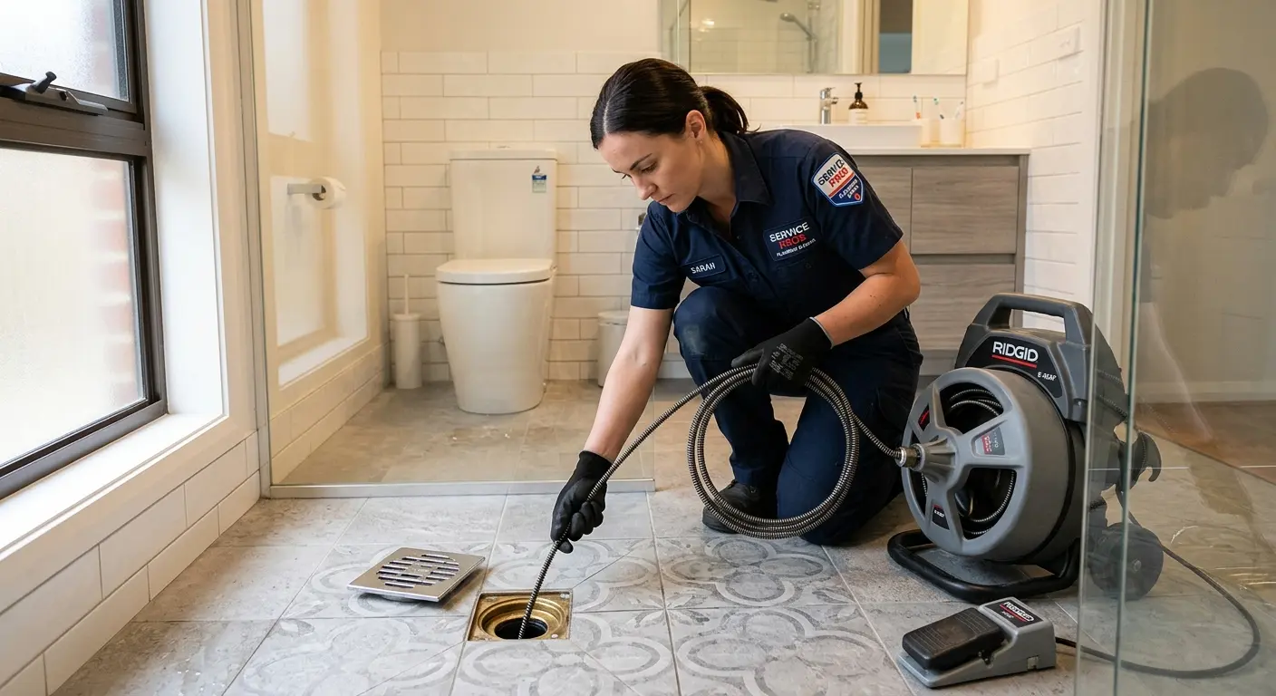 Technician clearing a bathroom floor drain for Drain Cleaning in Pico Rivera